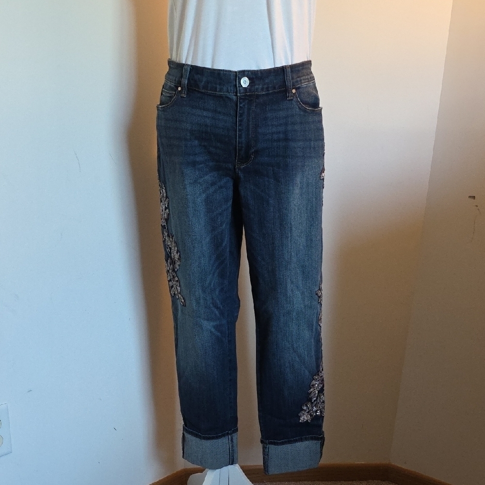 White House Black Market Dark Blue Cropped Jeans with Floral Detail